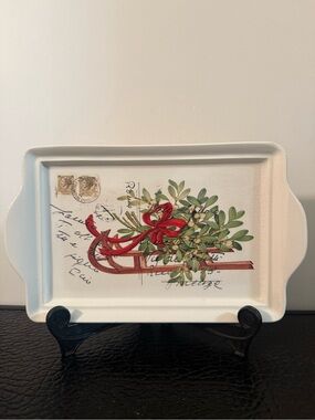 Holiday Sled rectangular Ceramic Tray with vintage postcard image